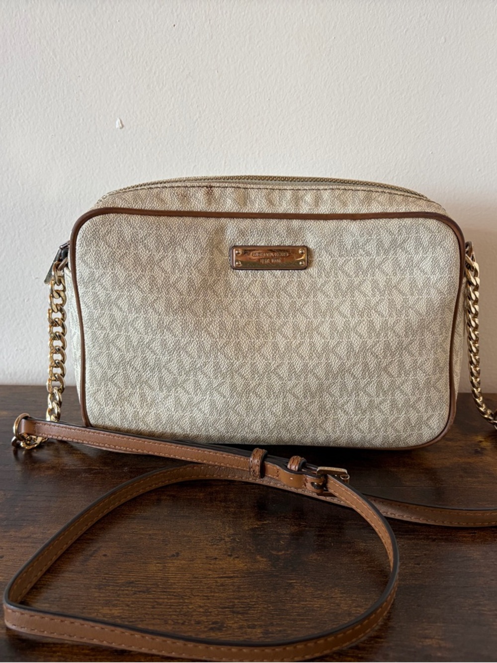 Michael Kors Cream Logo Crossbody with Brown Trim and Gold Chain